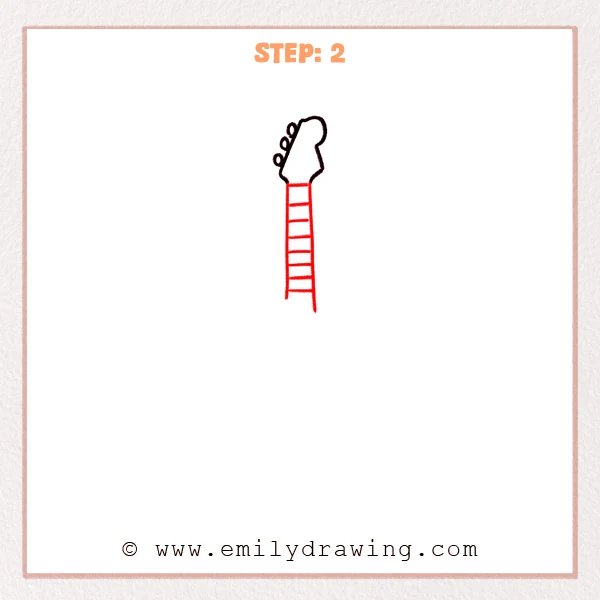 how to draw an electric guitar - Step 2 of an easy electric guitar drawing adds a long neck below the headstock with evenly spaced horizontal fret lines.